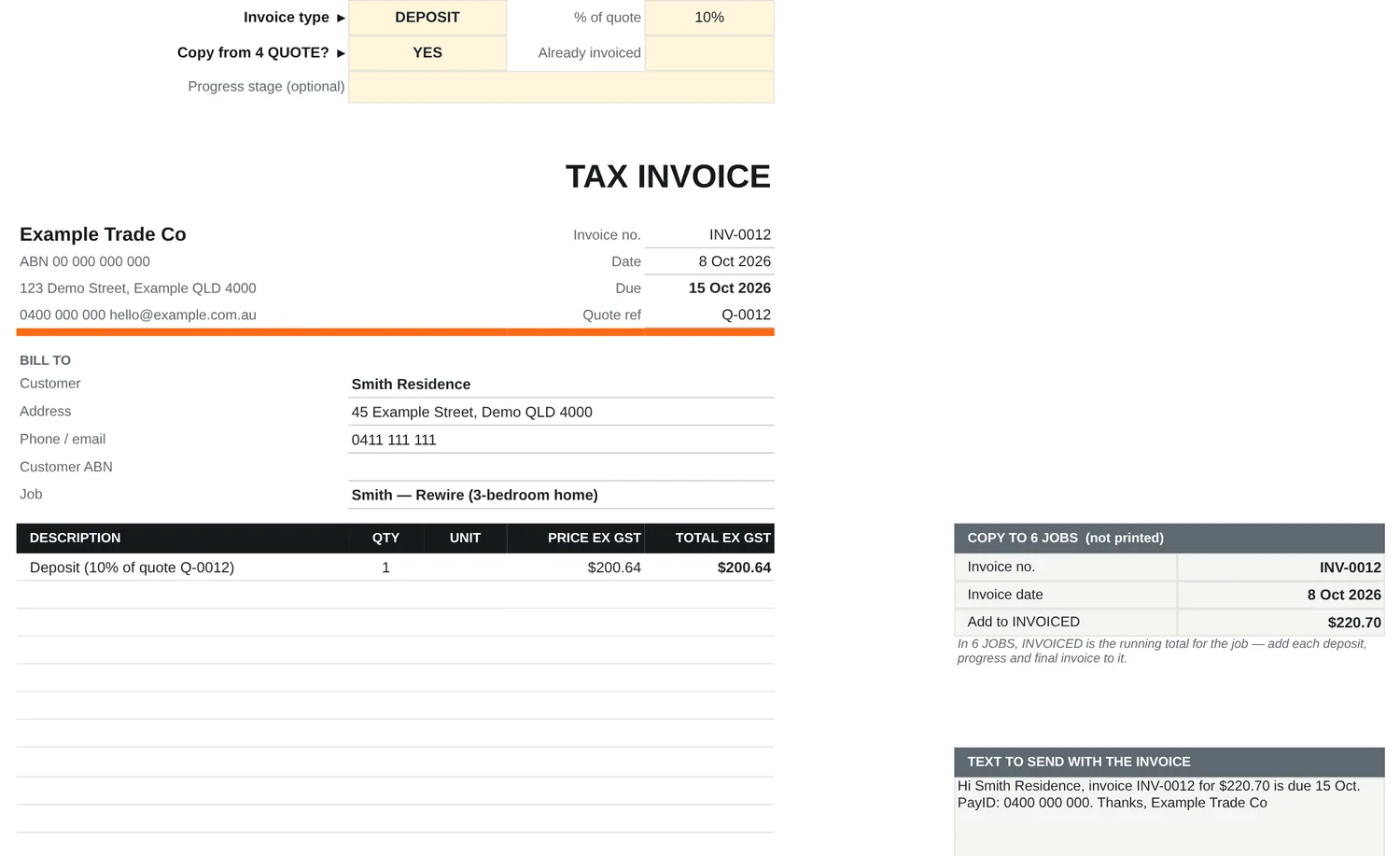 Tax invoice set to a 10% deposit of $220.70